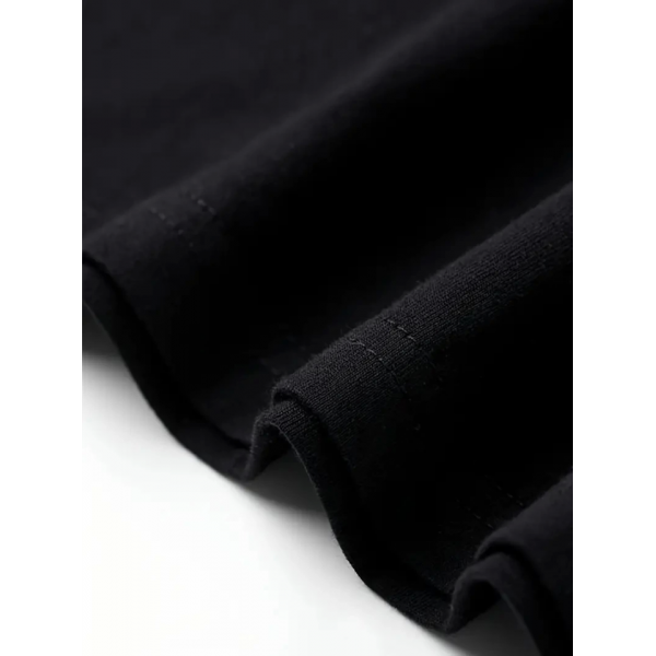 Rahat Bisiklet Yaka Tişört, Yaratıcı Karikatür Baskı - Yumuşak Polyester, Her Mevsim Giyilebilir- Siyah