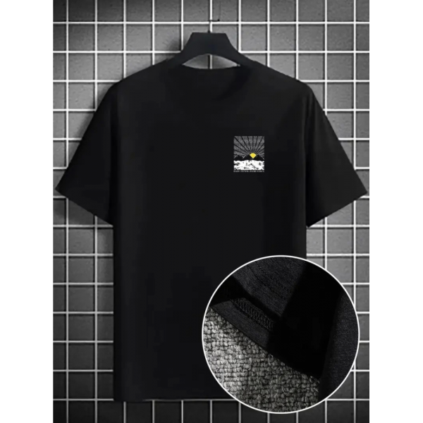 Erkek Dağ Grafikli Tişört, Yaz Için Büyük Beden Rahat T-shirt - Siyah