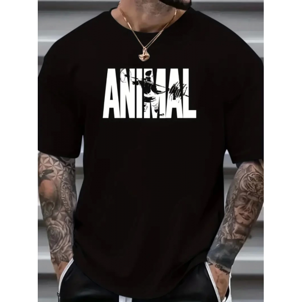 ANIMAL Desen Baskı Erkek Oversive Tişört, Grafik Tişört Erkek Yazlık Outdoor Kıyafetleri, Sporda Ve Günlük Giyime Uygun  - Siyah