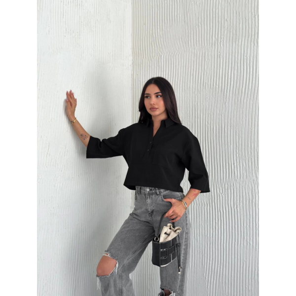 Crop Yakalı Gömlek Üç Çeyrek Sleeve Kol - Siyah