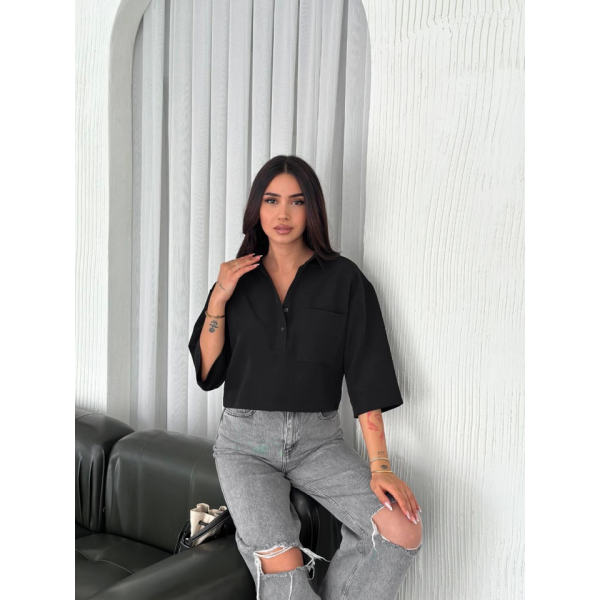 Crop Yakalı Gömlek Üç Çeyrek Sleeve Kol - Siyah