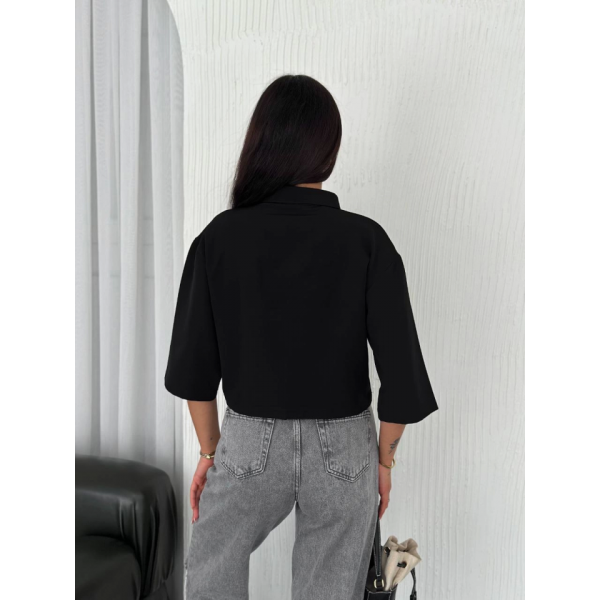 Crop Yakalı Gömlek Üç Çeyrek Sleeve Kol - Siyah