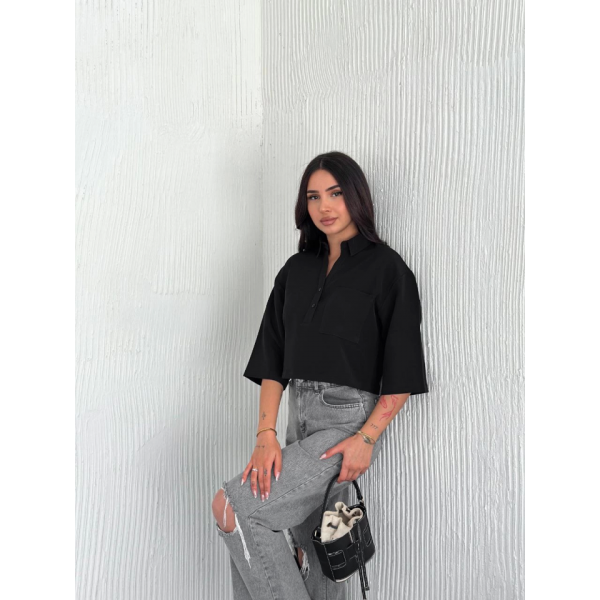 Crop Yakalı Gömlek Üç Çeyrek Sleeve Kol - Siyah