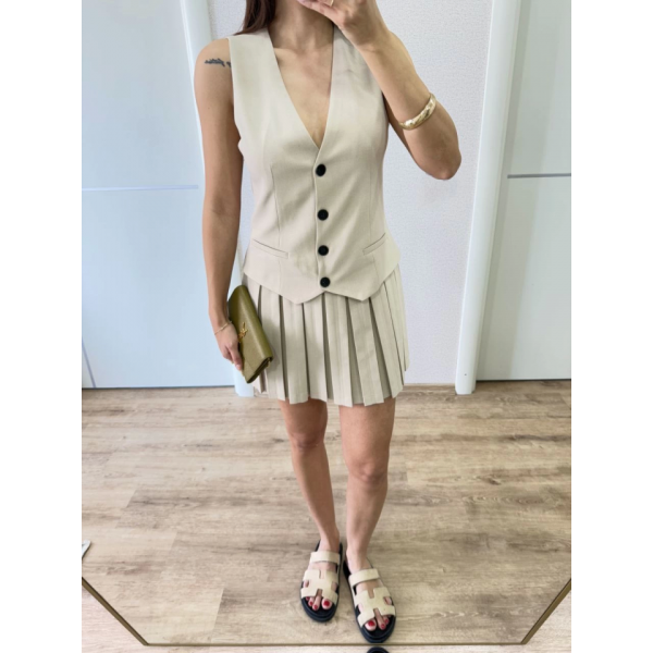 Takım Görünümlu Yelekli Mini Elbise- Bej