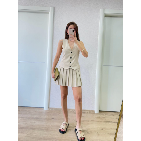 Takım Görünümlu Yelekli Mini Elbise- Bej