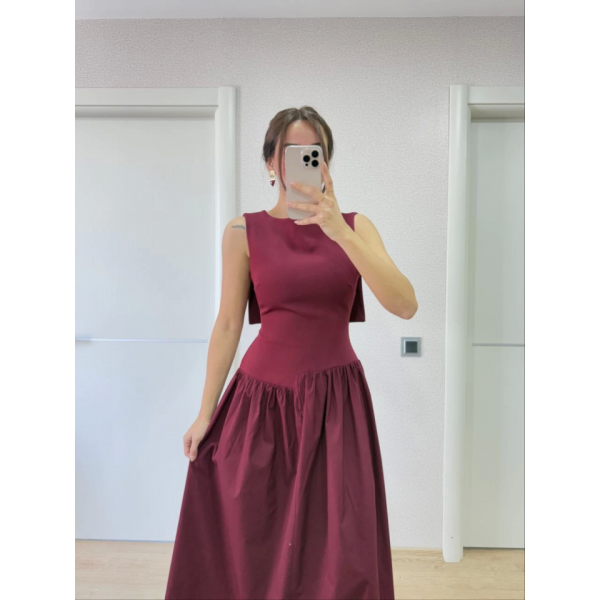 Arkası Kanatlı Uzun Elbise- Bordo