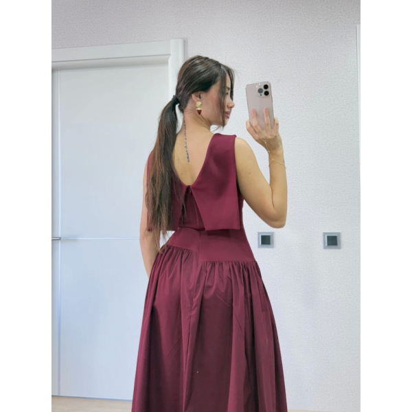 Arkası Kanatlı Uzun Elbise- Bordo