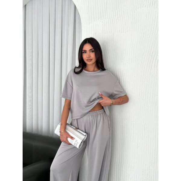 Osy Modal Yumuşak Dokulu Kumaş Bisiklet Yaka T-shirt  Bol Paça Pantalon Ikili Takım - Boyalı Gri