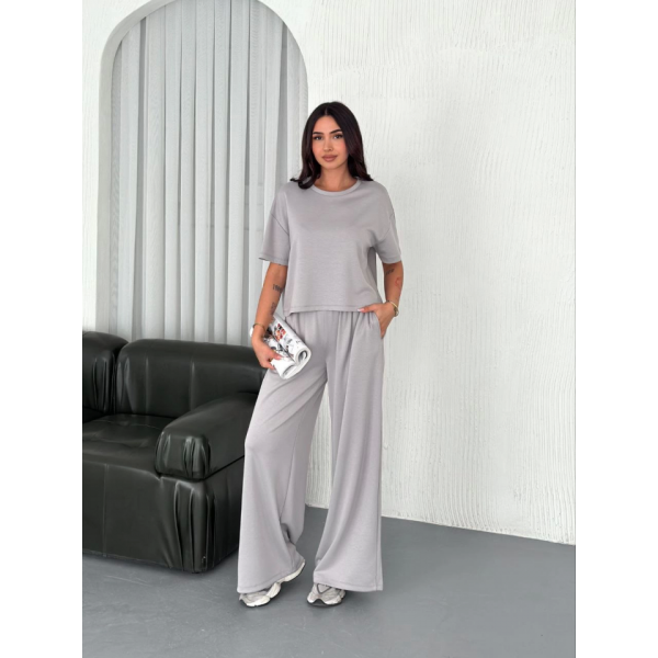 Osy Modal Yumuşak Dokulu Kumaş Bisiklet Yaka T-shirt  Bol Paça Pantalon Ikili Takım - Boyalı Gri