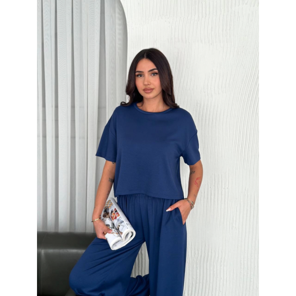 Osy Modal Yumuşak Dokulu Kumaş Bisiklet Yaka T-shirt Bol Paça Pantalon Ikili Takım -Saks Mavi
