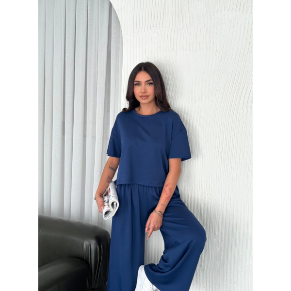Osy Modal Yumuşak Dokulu Kumaş Bisiklet Yaka T-shirt Bol Paça Pantalon Ikili Takım -Saks Mavi