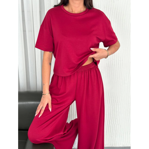 Osy Modal Yumuşak Dokulu Kumaş Bisiklet Yaka T-shirt Bol Paça Pantalon Ikili Takım -Bordo