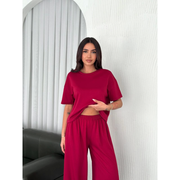 Osy Modal Yumuşak Dokulu Kumaş Bisiklet Yaka T-shirt Bol Paça Pantalon Ikili Takım -Bordo