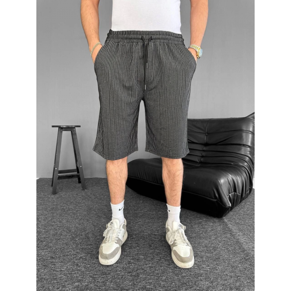 Su Yolu Çizgili Cepli Şort- Siyah