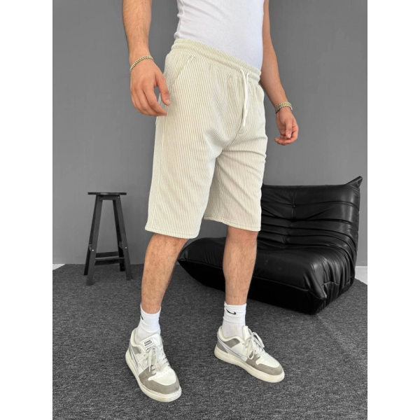 Su Yolu Çizgili Cepli Şort- Bej