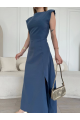 Keten Yandan Yırtmaçlı  Uzun Sıfır Kolsuz Elbise - Mavi