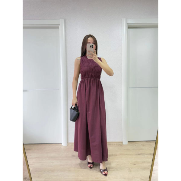 Kolsuz Göğüs Lastıklı Uzun Elbise - Bordo