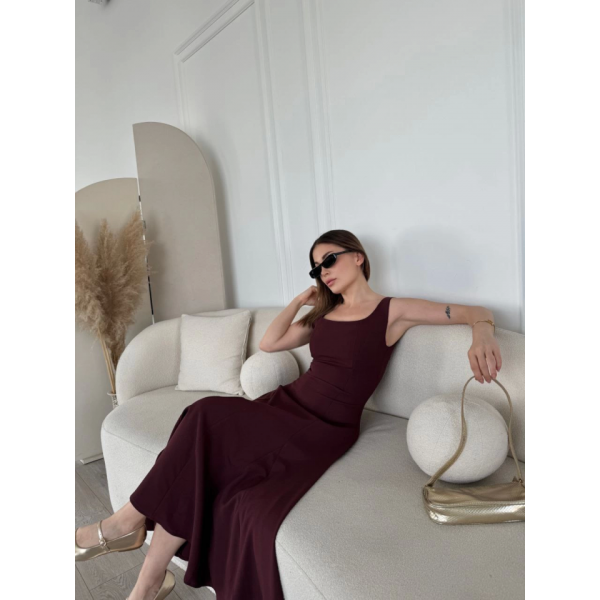 Sırt Dekolteli Kolsuz Uzun Elbise - Mürdüm