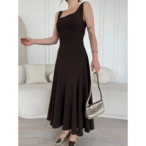 Sırt Dekolteli Kolsuz Uzun Elbise - Kahverengi