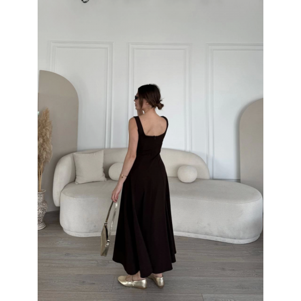 Sırt Dekolteli Kolsuz Uzun Elbise - Kahverengi