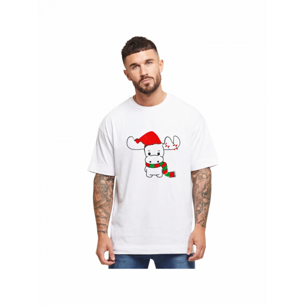 Ren Geyiği Baskılı Noel İçin T-shirt - Beyaz
