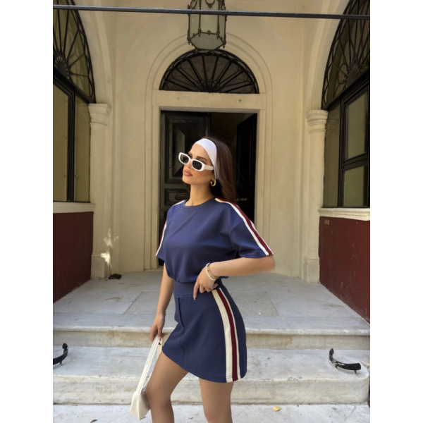 Osy Modal Yumuşak Dokulu Kumaş Parçalı Bisiklet Yaka T-shirt Mini Şortlu Etek İkili Takım -Lacivert
