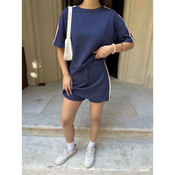 Osy Modal Yumuşak Dokulu Kumaş Parçalı Bisiklet Yaka T-shirt Mini Şortlu Etek İkili Takım -Lacivert