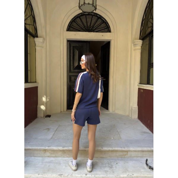 Osy Modal Yumuşak Dokulu Kumaş Parçalı Bisiklet Yaka T-shirt Mini Şortlu Etek İkili Takım -Lacivert