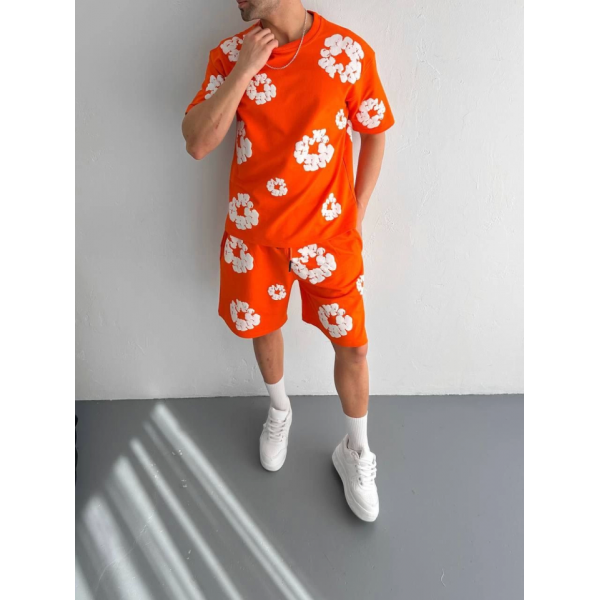 İki İplik Kumaş Baskılı T-shirt Şortlu Takım- Turuncu