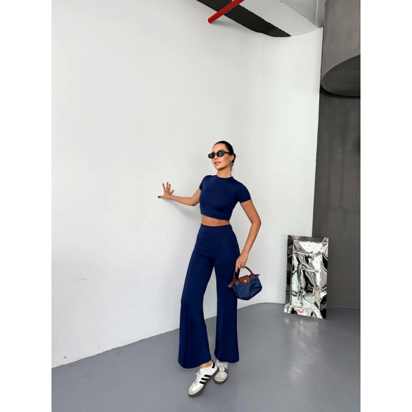 Osy Modal Yumuşak Dokulu Kumaş Kısa Kollu Crop Alt Ispanyol Paça Pantalon Ikili Takım - Lacivert