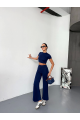Osy Modal Yumuşak Dokulu Kumaş Kısa Kollu Crop Alt Ispanyol Paça Pantalon Ikili Takım - Lacivert