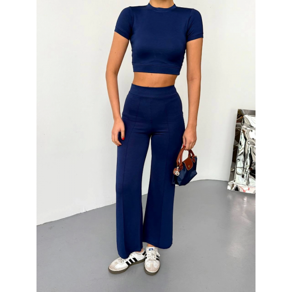Osy Modal Yumuşak Dokulu Kumaş Kısa Kollu Crop Alt Ispanyol Paça Pantalon Ikili Takım - Lacivert