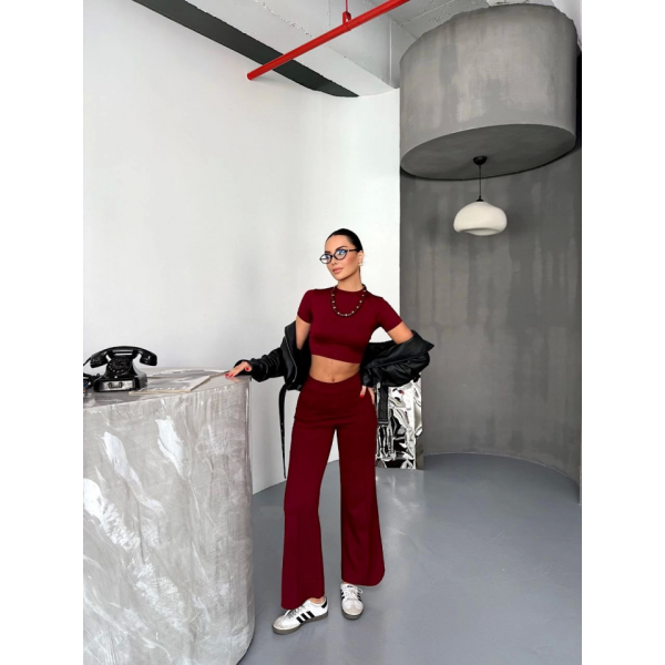 Osy Modal Yumuşak Dokulu Kumaş Kısa Kollu Crop Alt Ispanyol Paça Pantalon Ikili Takım - Bordo