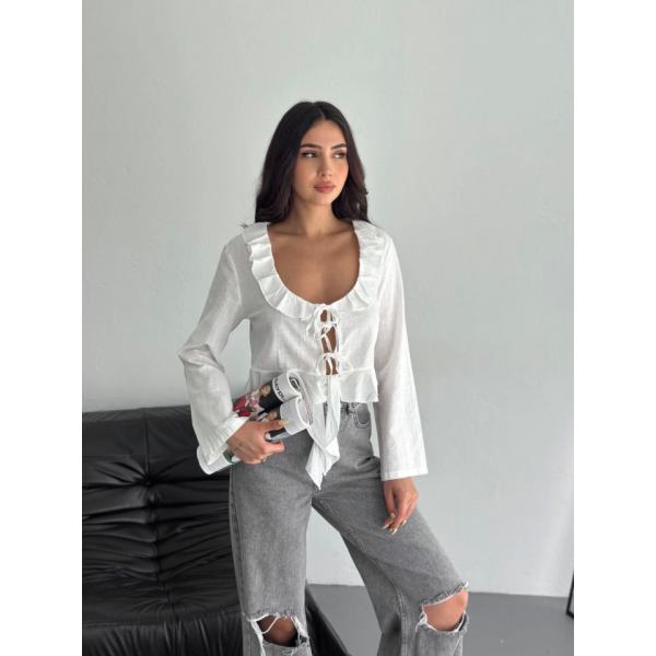 Keten Uzun Kol Bağacık Detaylı Bluz - Beyaz