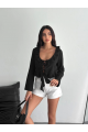 Keten Uzun Kol Bağacık Detaylı Bluz - Siyah