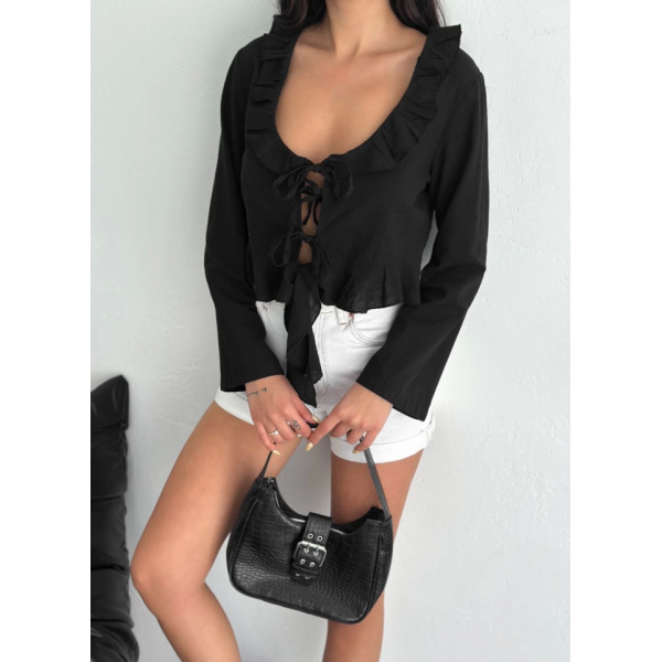Keten Uzun Kol Bağacık Detaylı Bluz - Siyah