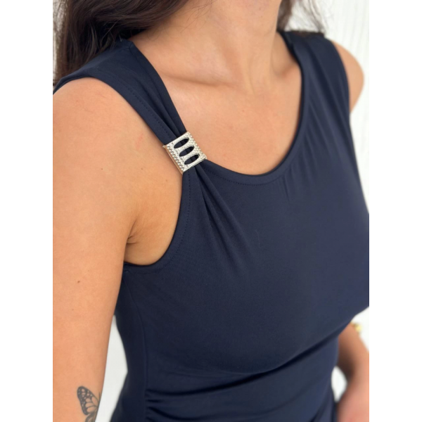 Osy Modal Yumuşak Dokulu Kumaş Bisiklet Yaka Sıfır Kol Bluz Omuz Toka Aksesuar Detaylı - Lacivert