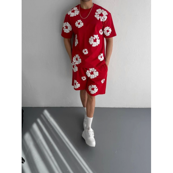 İki İplik Kumaş Baskılı T-shirt Şortlu Takım- Kırmızı