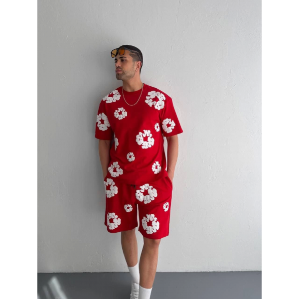 İki İplik Kumaş Baskılı T-shirt Şortlu Takım- Kırmızı