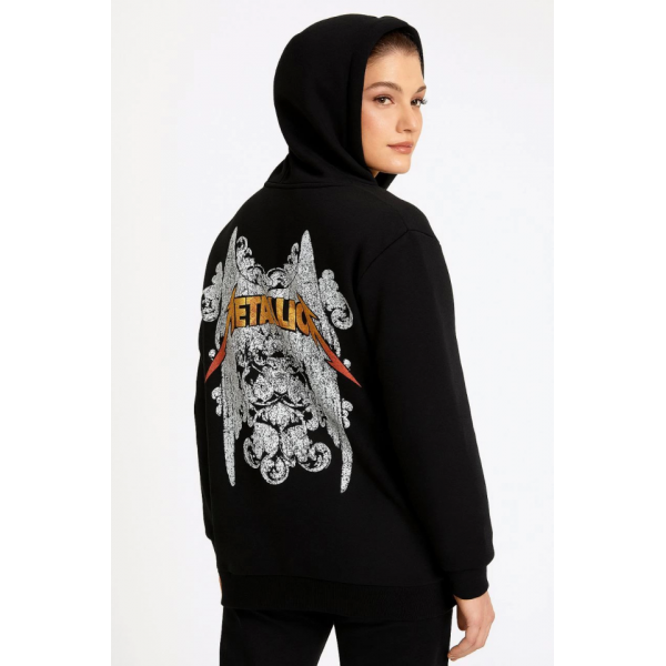 Metallica İki İplik Kapüşonlu Ön Ve Arka Baskılı Hoodie - Siyah