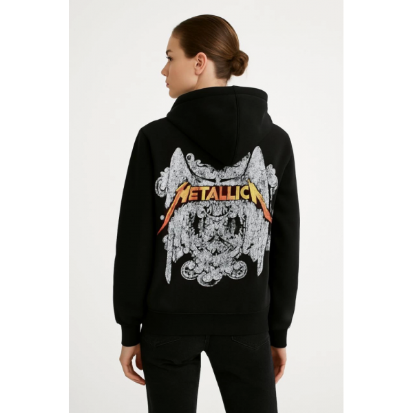 Metallica İki İplik Kapüşonlu Ön Ve Arka Baskılı Hoodie - Siyah