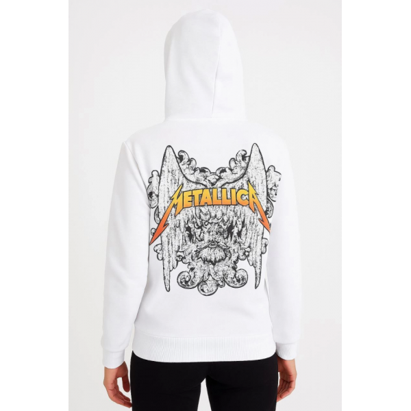 Metallica İki İplik Kapüşonlu Ön Ve Arka Baskılı Hoodie - Beyaz