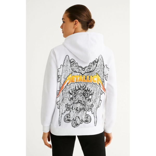 Metallica İki İplik Kapüşonlu Ön Ve Arka Baskılı Hoodie - Beyaz