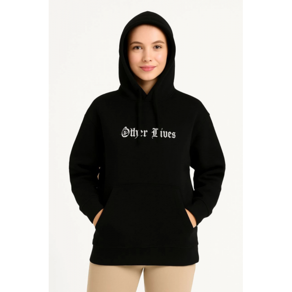 Üç İplik Kapşonlu ön Ve Arka Baskılı SweatShirt Hoodie- Siyah