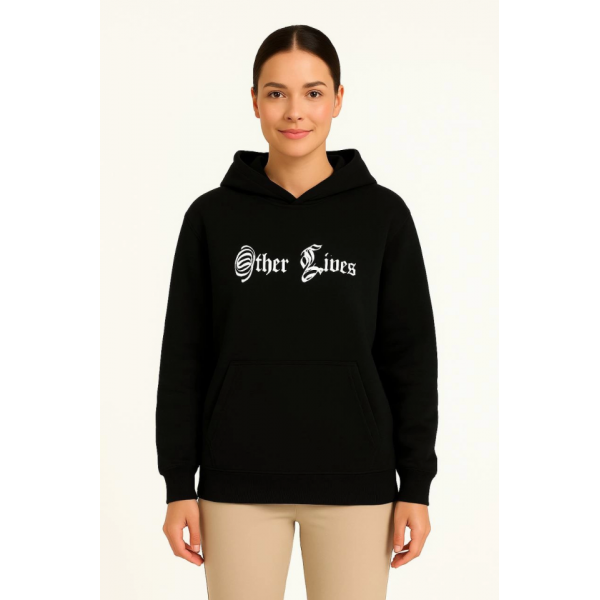 Üç İplik Kapşonlu ön Ve Arka Baskılı SweatShirt Hoodie- Siyah