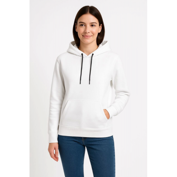 Üç İplik Kapüşonlu Kanguru Çepli SweatShirt Hoodie - Beyaz