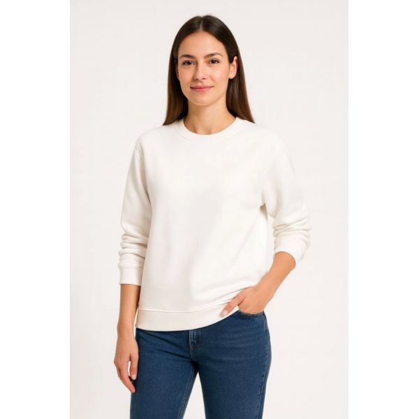 Üç İplik Düz Bisiklet Yaka SweatShirt - Beyaz