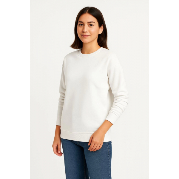 Üç İplik Düz Bisiklet Yaka SweatShirt - Beyaz