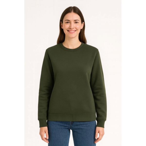 Üç İplik Düz Bisiklet Yaka SweatShirt - Haki
