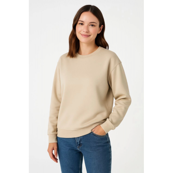 Üç İplik Düz Bisiklet Yaka SweatShirt - Bej